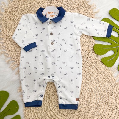 Macacão Curto com Manga Longa Piquet com Gola Polo Tubarão - Off White e Marinho